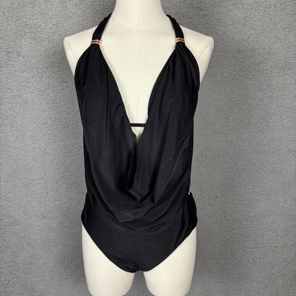 Bar III Solid Cowlneck One-Piece Women's Swimsuit Black Medium Built In Bra NWTs